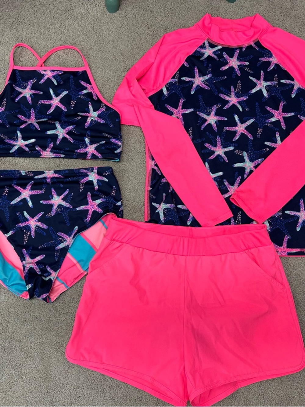 Lands' End Girls' 14-16 4 piece Navy Hot Pink reversible swim set